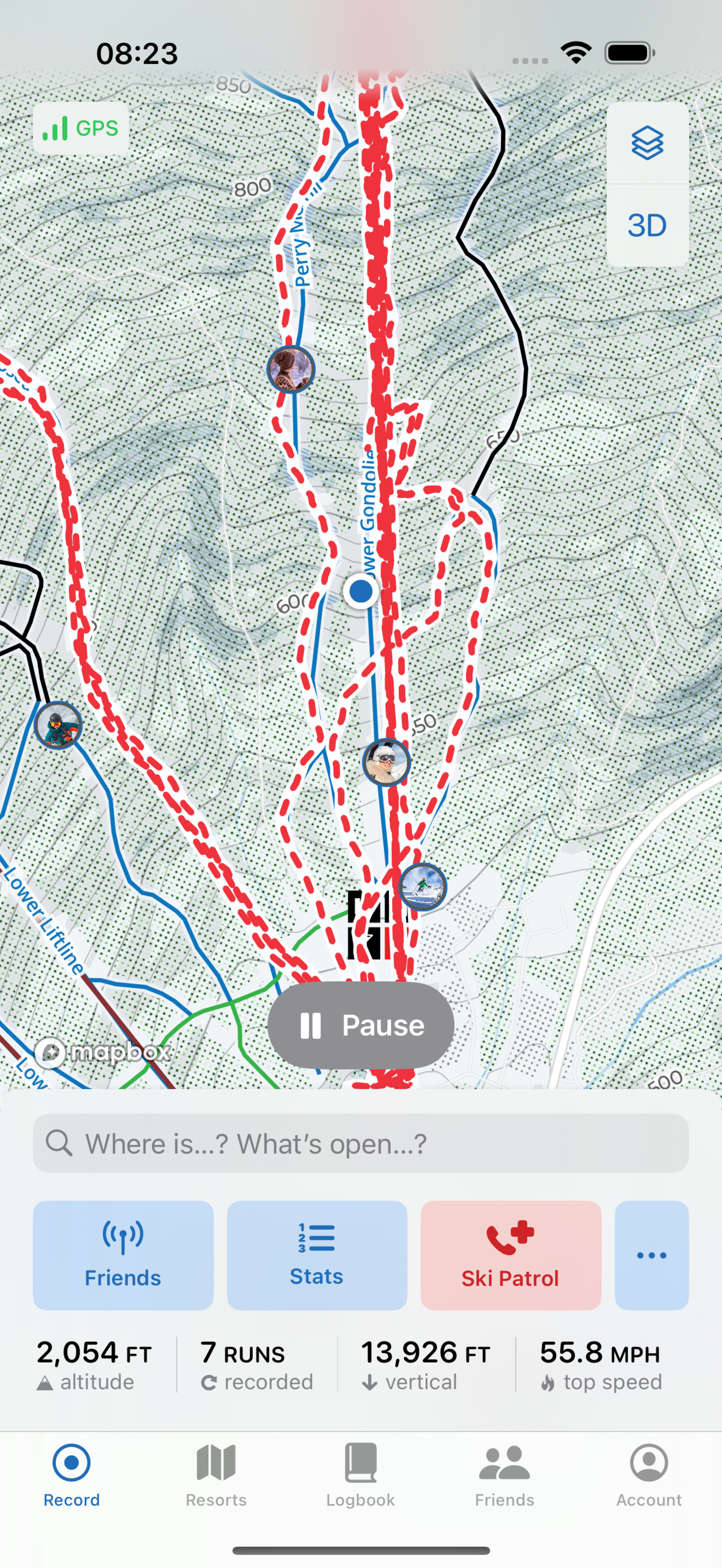 A screenshot of Slopes’s social features, which shows your friends’ location on the mountain. 