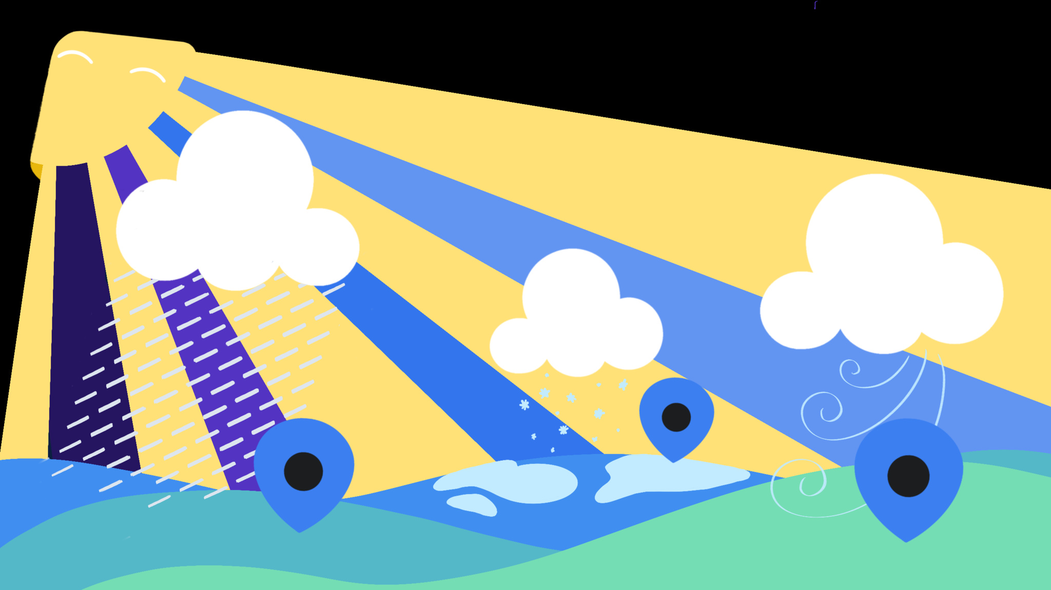 Image of app turning into sun with carrot weather-themed clouds and graphics on a black background