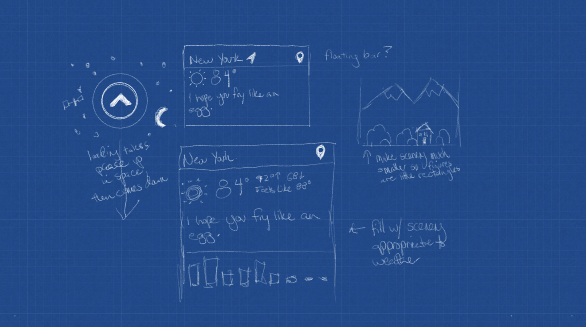 Early sketches of Carrot Weather’s ocular sensor and weather readouts