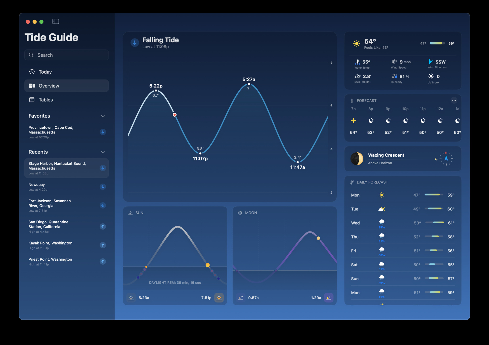A screenshot of Tide Guide on Mac, showing a wealth of tide and weather data against a background of complementary blues.