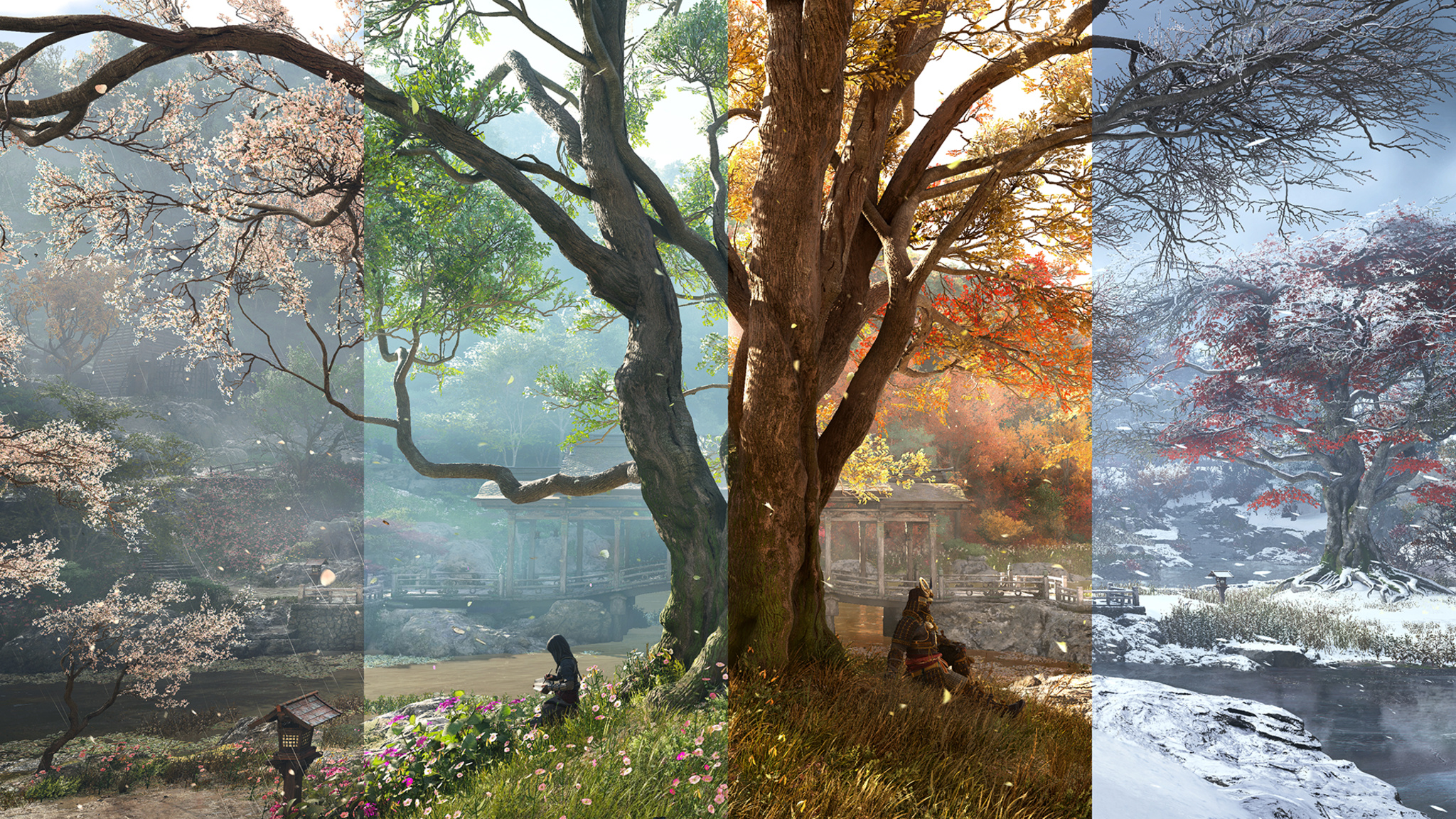 In this screenshot from Assassin’s Creed Shadows, an outdoor garden scene is shown broken into four equal sections that represent the four seasons.